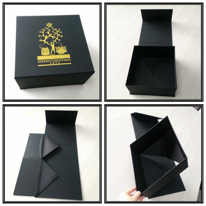 注文の金ぱく押しのロゴの現在のギフト用の箱、Xmasの黒の折り畳み式ボール箱箱