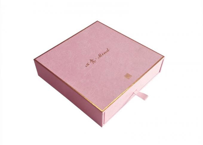 包む化粧品紙箱のピンクの織り目加工のペーパー金ホイルのロゴの耐久財を滑らせます